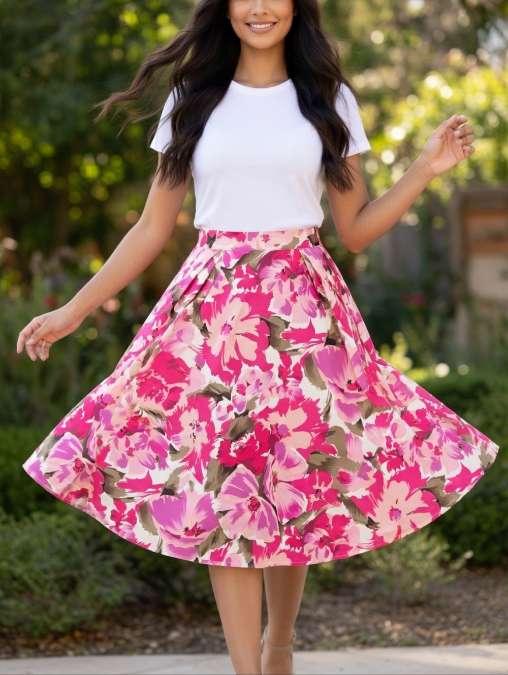 Floral Pink A-Line Midi Skirt